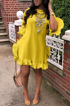 LW Sweet Ruffle Design Yellow Blending Mini Dress Frilled Dress, Peasant Style Dress, Bohemian Summer Dresses, Yellow Mini Dress, Casual Wear Dress, Solid Color Dress, Round Neck Dresses, Ruffle Mini Dress, Daily Dress