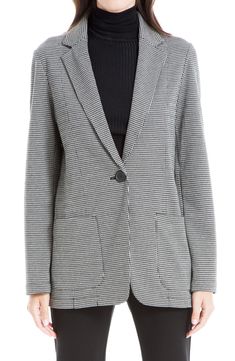 Update your signature work wardrobe with this houndstooth-printed one-button blazer with a slightly over-sized silhouette for a chic look. 29.25" length (size S) Notch lapel Long sleeves Single button closure 88% polyester, 10% rayon, 2% spandex Hand wash Imported Model stats: 5'10" height, 32" bust, 25" waist, 36" hip. Model is wearing size S. Casual Houndstooth Blazer With Notch Lapel, Casual Notch Lapel Blazer With Houndstooth Pattern, Casual Houndstooth Blazer For Office, Casual Houndstooth Notch Lapel Blazer, Classic Houndstooth Blazer For Office, Classic Houndstooth Office Blazer, Casual Notch Lapel Houndstooth Blazer, Casual Tailored Blazer With Houndstooth Pattern, Casual Houndstooth Blazer For Business Casual