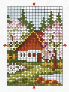 a cross stitch pattern with a house in the middle and flowers around it, on top of