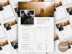 an invoice is displayed on top of many other papers with photos and text