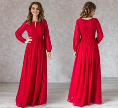 "Closed Dress With Sleeves    ● The perfect closed formal dress ● Does not leave anyone indifferent lover of comfort, elegance and quality ● Can be made in different colors! (write what you want in the comments to the order) ● Beautiful keyhole neckline with pleats ● Long sleeves ● Chiffon belt, no elastic waist (sizes XS-L) ● Chiffon belt tied at the back (sizes XL-XXL) ● Flowy skirt is made with two layers of the chiffon ● Invisible zipper through entire back ● Standard length 153 cm (60 inche Flowy Dress With Sleeves, Party Long Gown, Red Flowy Dress, Red Bridesmaid, Party Dress Wedding, Dress Wedding Party, Gown Red, Red Bridesmaids, Dress With Sleeves