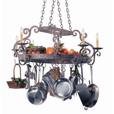 a chandelier with pots and pans hanging from it's centerpiece