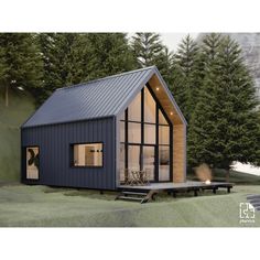 a tiny house with a deck and stairs leading up to the front door is shown in this artist's rendering