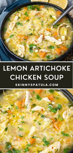 lemon artichoke chicken soup in a cast iron skillet with the title above it