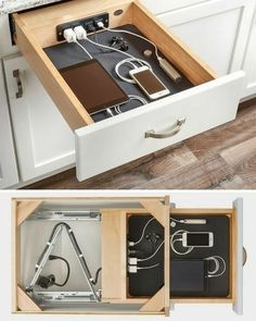 an open drawer is shown with various electronics in it and on the bottom, there are other items inside