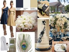 a collage of different wedding colors with peacocks, flowers, and bridesmaids