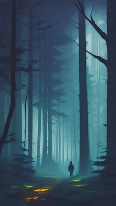 a person walking in the woods at night with bright lights on their trees and fog