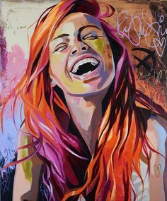 a painting of a woman with red hair laughing