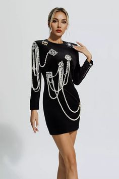 Mylah Black Pearl Embellished Velvet Dress Chic Long Sleeve Bodycon Dress For Banquet, Long Sleeve Bodycon Dress For Banquet, Elegant Long Sleeve Mini Dress With Rhinestones, Elegant Bodycon Mini Dress For Banquets, Elegant Bodycon Mini Dress For Banquet, Elegant Bodycon Long Sleeve Evening Dress, Elegant Embellished Dresses For Events, Elegant Embellished Long Sleeve Dress For Formal Occasions, Elegant Bodycon Long Sleeve Dress For Party