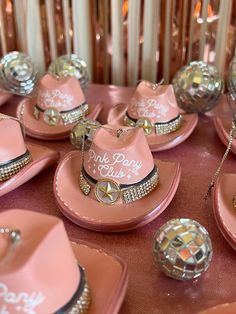 ✦  Cowboy hat Christmas tree ornament ✦  Glossy pink with gold-color star band and sparkly rhinestones ✦  Resin construction ✦  Top hanging loop ✦  Intended for indoor decorative use ✦ Dimensions (Overall): 1.5 Inches (H) x 3 Inches (W) Pink Pony Club, Pink Cowboy, Glossier Pink, Chapeau Cowboy, Pony Club, Chappell Roan, Cowgirl Hat, Cowboy Cowgirl, Cowgirl Hats