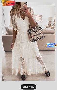 Button Lace V Neck Short Sleeve Maxi Dress Short Sleeve Maxi Dress, Short Sleeve Maxi Dresses, Sleeve Maxi Dress, Maxi Dress With Sleeves, Maxi Dress, V Neck, Lace