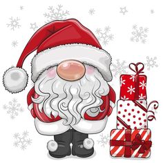 a cartoon santa claus with presents and snowflakes on a white background for christmas