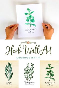 the herb wall art print is being held up by two hands