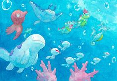 an image of many different animals swimming in the water with bubbles on their faces and hands