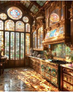 an ornate kitchen with large stained glass windows