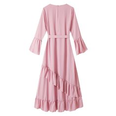 Classic Layered Ruffled Dress_1 Pink Chiffon Ruffle Dress, Elegant Chiffon Ruffle Dress For Brunch, Formal Belted Flowy Dress, Chic Pink Chiffon Ruffle Dress, Elegant Pink Maxi Length Ruffle Dress, Chiffon Dress With Ruffle Hem And Sleeves, Long Sleeve Chiffon Dress With Ruffles, Chiffon Ruffle Sleeve Dress With Ruffle Hem, Flowy Long Sleeve Belted Dresses