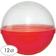 a red and white ball shaped container with two different colors on the bottom, one is filled with liquid