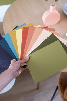 a person holding up some color samples in their hand and the colors are all different