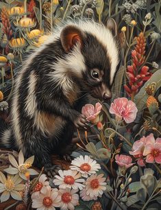 a painting of a badger surrounded by flowers