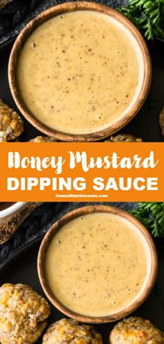 honey mustard dipping sauce in a bowl next to some meatballs