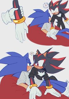 two pictures of sonic the hedgehog and shadow the cat sitting on top of each other