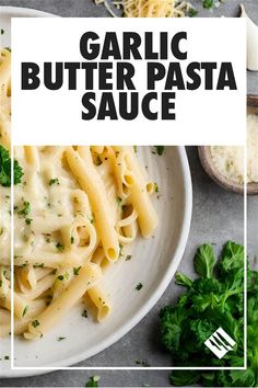 garlic butter pasta sauce on a plate with parsley