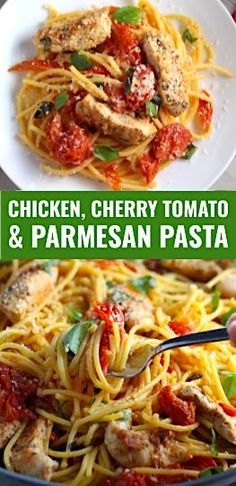 chicken, cherry tomato and parmesan pasta in a skillet with text overlay