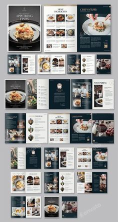 an assortment of brochures are displayed on a gray background with the words, food and