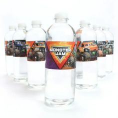 six clear water bottles with monster jam labels on the front and bottom, lined up in a row