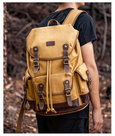 Waxed Canvas Backpack for Travel Outdoor - Woosir Casual Brown Laptop Bag For Outdoor, Casual Rectangular Backpack For Adventure, Outdoor Laptop Backpack, Canvas Bags For Back To School And Outdoor Activities, Back To School Outdoor Rectangular Laptop Bag, Rectangular Backpack With Zipper Pocket For Outdoor, Outdoor Backpack With Pockets, Outdoor Activities Satchel Backpack With Pockets, Laptop Bag For Outdoor Activities And Back To School