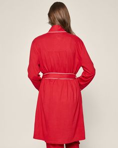 This maternity robe is roomy, comfortable and buttery soft, with a length that falls below the knee for ease of movement, these robes include all the lovely details (chic piping on the cuffs, generous sash) that grace our classic pajama silhouettes. For thousands of years, Pima cotton has been considered royalty in the realm of textiles. This design features 100% yarn-dyed Peruvian Pima, meaning your cherished pieces will stay buttery and breathable, with a reduced risk of fading, pilling, or wr Elegant Red Robe For Loungewear, Elegant Red Lounge Robe, Red Spring Robe For Loungewear, Elegant Long Sleeve Robe With Relaxed Fit, Classic Pajamas, Loungewear Dresses, French Stripes, Cotton Pajama Sets, Linen Shop