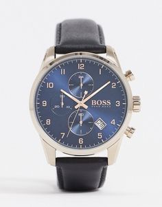 #Men'sFashion,BOSS Black Leather Watch With Blue Dial Round Watch