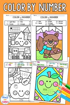 color by number worksheet for kids with pictures of animals and numbers on them