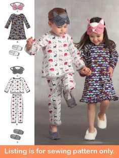 two children's pajamas and headbands are shown with the sewing pattern