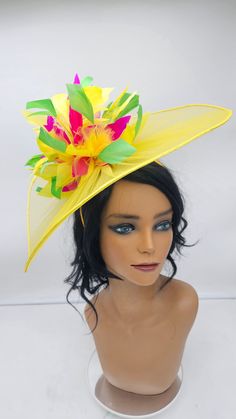 Extra Large legant Yellow Fascinator! Classic style to go with a variety of outfits: bridesmaids,  cocktail party,  Kentucky Derby, Rehearsal dinner, Easter and church outfits.  Ones with hair clip and headband.  - 50 - 55 inches  - Rare find - Lightweight  - Ready to ship - Fast Shipping - Free Shipping - Group discount available - Customize by adding different color flowers and or feathers - Headband and Hair clip  CHECK OUT MY STORE FOR OTHER STYLES & COLORS: etsy.com/shop/Hatsandpearls Find more at my website for more styles: www.hatsandpearls.com  Reach out to me if you can't find what you are looking for.  I can make cake custom orders and help you style and match your outfit  Tag and share your pictures when you wear and style our hats.  Instagram: @hats_pearls Facebook: Hats Pearls Fitted Summer Headpiece For Church, Fitted Summer Costume Hats And Headpieces For Church, Fitted Headpieces For Summer Races, Whimsical Wide Brim Fitted Costume Hat, Whimsical Wide Brim Costume Hat, Whimsical Fitted Wide Brim Costume Hat, Fitted Multicolor Costume Hats For Races, Summer Church Fascinator With Short Brim, Fitted Wedding Fascinator For Carnival