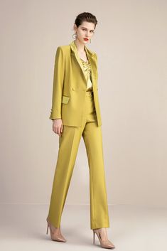 Elegant Olive Yellow Tuxedo Double Breasted Pantsuit Peak lapels; front button blazer V-Neck, Long sleeves; button cuffs. Structured shoulders. Chest welt pockets. Hip flap pockets Polyester 80% Viscose 17% Spandex 3% Acetate Fiber 75% Imported Brand - Aision Model Number - 213137C1 Customizable sizes or custom designs are available with request for an additional cost. Classy Suits For Women, Tuxedo Double Breasted, Yellow Tuxedo, Yellow Suit, Classy Suits, Tailored Suit, Business Suits, Pinstripe Suit, Peak Lapel