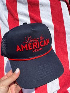 Shop the perfect mesh snapback hat, "Living the American Dream"! 5 pan hat. Dark blue and red for a stylish look and fit. Shop 1-800 Flags for all hats! Latin American Flags, European Flags, African Flag, Brunch Dress, 5 Panel Hat, The American Dream, Purse Gift, Shoes For Leggings, Usa Outfit