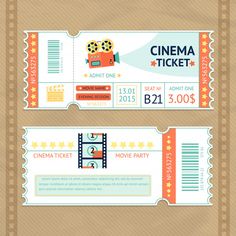 two movie ticket templates with an orange and blue stripe on the front, one is for