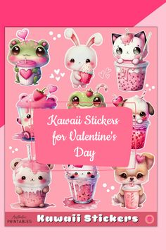 kawaii stickers for valentine's day with cute animals and cupcakes