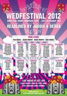 an event poster for wedfest 2012 with speakers and flowers on the front, in bright pink