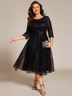 Turn heads in this Plus Size 3/4 Sleeve Midi Round Neck A-Line Sequin Wedding Guest Dress. The A-line silhouette flatters all body types, while the shimmering sequins bring a touch of glamour. With a classic round neck and 3/4 sleeves, this dress offers both style and comfort for special occasions. Perfect for weddings or formal events. Fit: Please refer to size chart. Length: Midi length. Sleeve Style: 3/4 sleeve. Closure: It is concealed a zipper up the back. Undergarments: It is not padded, w Plus Size Cocktail Attire, Midi Wedding Guest Dress, Sequin Wedding, Sequin Midi Dress, Glitter Dress, Cocktail Attire, Navy Blue Dresses, Plus Size Wedding, Formal Wedding