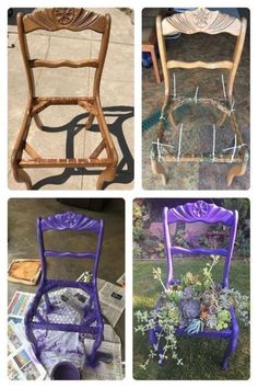 four different types of chairs that are painted purple and have flowers growing on the seat