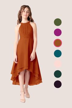 a woman in an orange dress standing next to color swatches and the image shows different colors