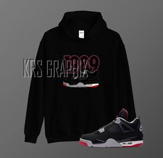 Rock the freshest style with the Jordan 4 BRED Reimagined Unisex Hoodie! 🔥 This heavy blend hoodie is designed with a soft and comfortable feel, and a double-lined hood with matching drawcord for added warmth. The front pouch pocket is perfect for storing your essentials, and the rib-knit cuffs and waistband provide a snug fit. Made from a 50% cotton, 50% polyester blend, this hoodie has a fabric weight of 8.0 oz/yd² (271.25 g/m²) and is pre-shrunk for easy care. The quarter-turned body helps prevent creases, and double-needle stitching ensures durability. With '1989 Jordans' graphics inspired by the iconic Jordan 4 BRED Reimagined colorway, this hoodie is a must-have for any sneakerhead. Please note that any shoes displayed in our listings are sold separately and are only used for market Throwback Streetwear Sweatshirt With Drawstring Hood, 90s Style Black Hoodie For Fall, Winter Throwback Sweatshirt For Streetwear, Winter Throwback Streetwear Sweatshirt, Throwback Winter Streetwear Sweatshirt, Throwback Hoodie For Streetwear And Sports Season, Throwback Hoodie With Double-lined Hood For Streetwear, Throwback Streetwear Hoodie With Double-lined Hood, Throwback Streetwear Hoodie For Fall