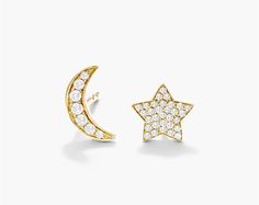 14K Yellow Gold Star and Moon Diamond Earrings. These modern mismatched diamond star and moon studs are an edgy way to add some sparkle to your look. Dainty, modern and perfect for everyday wear. Star And Moon, Moon Studs, Diamond Star, Hot Mess, Gold Star, Gold Stars, Stars And Moon, Diamond Earrings, Everyday Wear