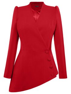 Striking the right balance between contemporary cool and sophistication, this asymmetric blazer is cut from a luxurious stretch crêpe fabric in an unmissable pop of red colour. It pleasingly cinches the waist before falling to a flattering asymmetric hemline.  The blazer is designed with long sleeves and padded shoulders for added structure, wrap front closure and same-fabric buttons in a true manifestation of craftsmanship. Fully lined with silky satin for a gentle touch, it feels soft and comf Luxury Semi-formal Dress Shirt For Fall, Luxury Business Casual Dress Shirt With Spread Collar, Luxury Three-piece Suit With Concealed Placket For Formal Events, Luxury Red Formal Sport Coat, Luxury Gold Semi-formal Blazer, Luxury Formal Blazer With Epaulettes, Luxury Crepe Blouse For Workwear, Luxury Silk Sport Coat For Formal Occasions, Luxury Sleek Suit With Lapel Collar