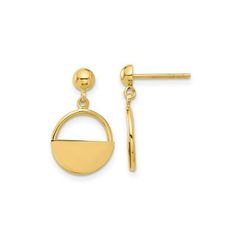 Beautiful polished 14 karat yellow gold is formed into a semi-solid circle design with post backings. These gold dangle earrings weigh 1.45 grams and are 3/4 inch in length. 14K Yellow Gold Polished Dangle Earrings Size: one size.  Gender: female.  Age Group: adult. 14k Yellow Gold Circle Earrings, Yellow Gold Circle Earrings, Modern 14k Gold Circle Earrings, Yellow Gold Semi-circle Earrings For Gift, Yellow Gold Semi-circle Earrings As Gift, Yellow Gold Circle Earrings For Anniversary, Yellow Gold Circle Earrings For Formal Occasions, Yellow Gold Circular Earrings For Formal Occasions, Yellow Gold Circular Anniversary Earrings