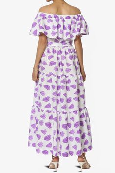 Embrace summer with this ruffle off-shoulder tiered A-line long maxi dress, featuring a vibrant floral print.Perfect for casual outings, beach days, or festival style. Made from a lightweight cotton blend, it offers a comfortable and relaxed fit.Pair with sandals for a chic, effortless look. Ideal for casual, everyday wear, vacations, and weddings.Ruffle Off Shoulder Design: Stylish and trendy, perfect for casual summer outings and beach days.Vibrant Floral Print: Adds a touch of bohemian festiv Lavender Maxi Dress For Summer, Purple Maxi Dress For Spring Vacation, Purple Maxi Dress For Summer Day Out, Spring Vacation Purple Maxi Dress, Lavender Maxi Dress For Summer Beach, Lavender Maxi Dress For Vacation, Lavender Maxi Dress For Summer Vacation, Spring Lavender Maxi Dress For Beach, Purple Ruffled Maxi Dress For Spring