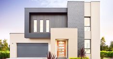 a modern house with two garages and plants in the front yard, on a sunny day