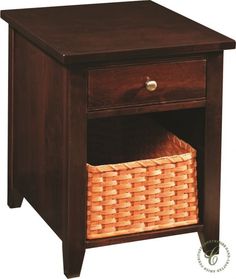 a wooden table with a basket on top and one drawer open to show the contents